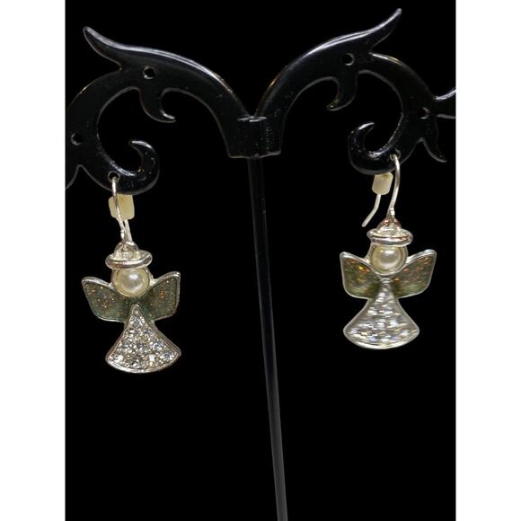 Angel Earrings Fishhook Pierced Silvertone 1.4" Drop Sparkly - Picture 1 of 7